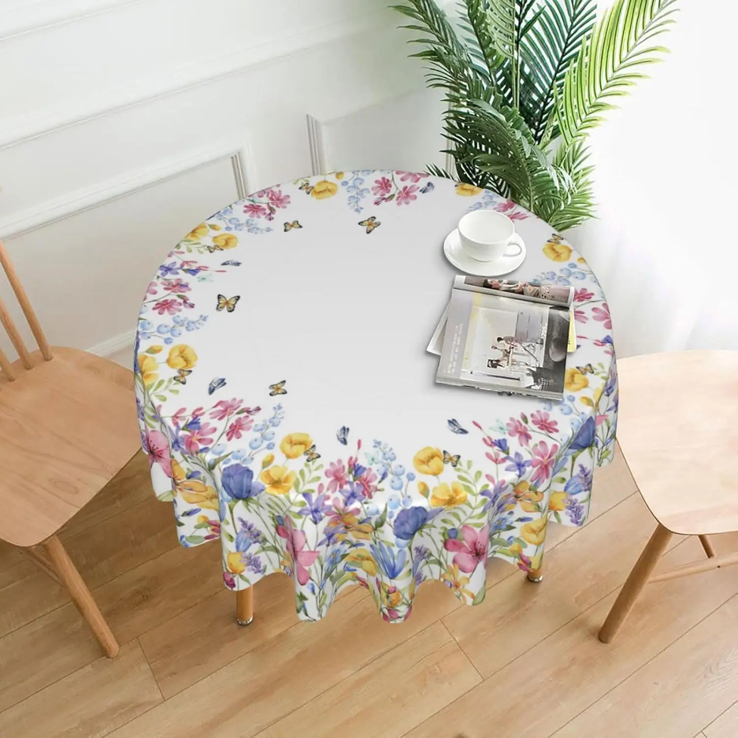 

Floral Round Tablecloths Spring Summer Pink Blue Flower Decorative Round Tablecloth Modern Washable Reusable Colorful Floral