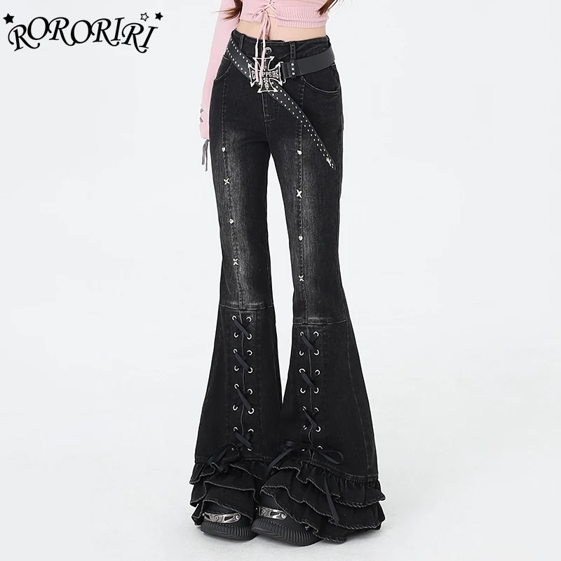 RORORIRI Women Lace-up Strappy Black Flare Jeans Vintage Wash Distressed High Rise Splice Cake Bootcut Pants High Street Clothes