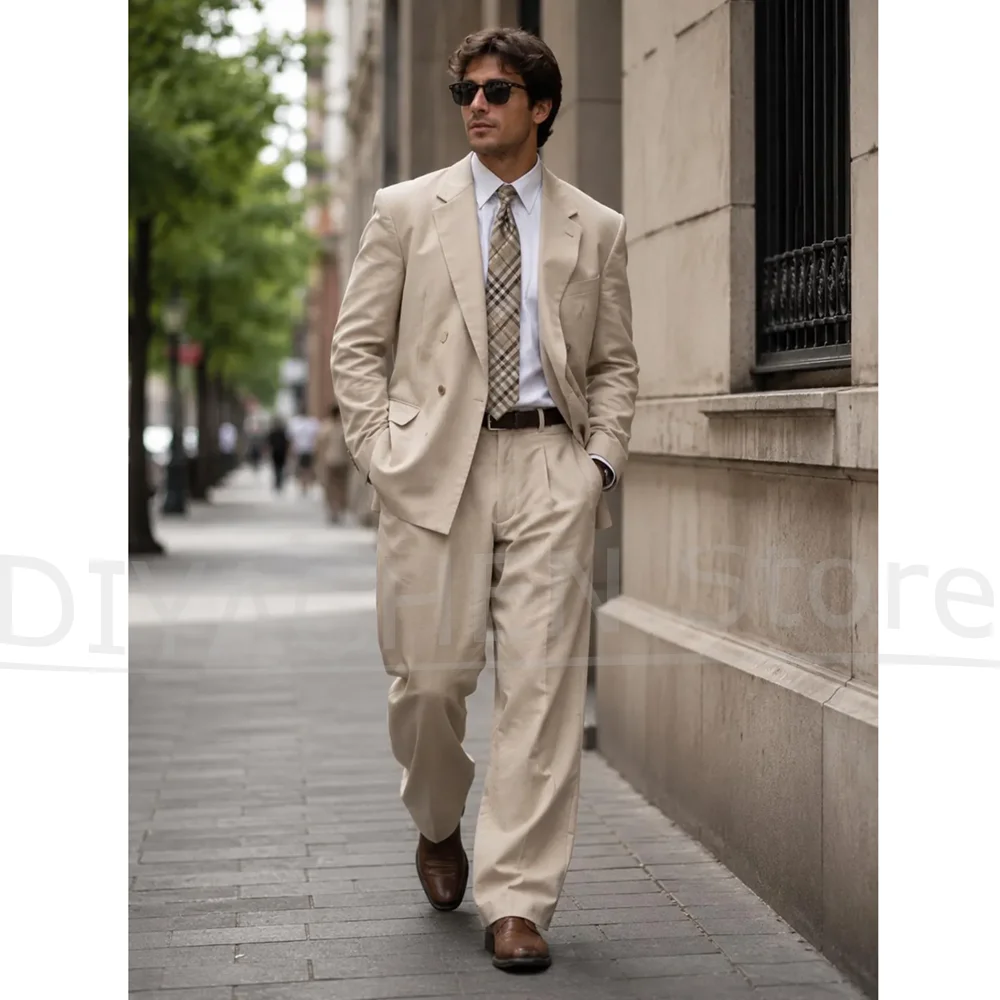 Men Formal Wear Outfits - Herren Beiger Zweireiher Anzug 2-teilig mit