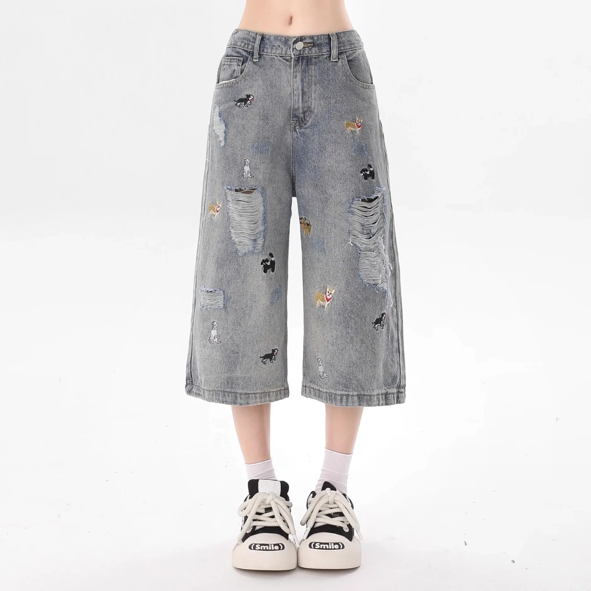 

Светло-голубые джинсы свободного кроя с вышивкой в виде собачек, прямые штанины, молодежный повседневный стиль, средняя талия, вельвет, длина 7 дюймов