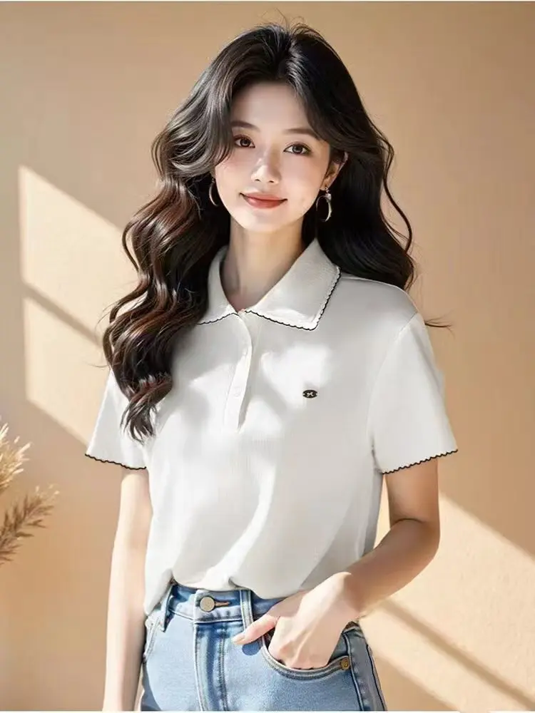 Summer Short Sleeve  Neck T-Shirt Women's Fufu Color Block Simple College Style Short Length Top Moisture Wicking Sweatshirt