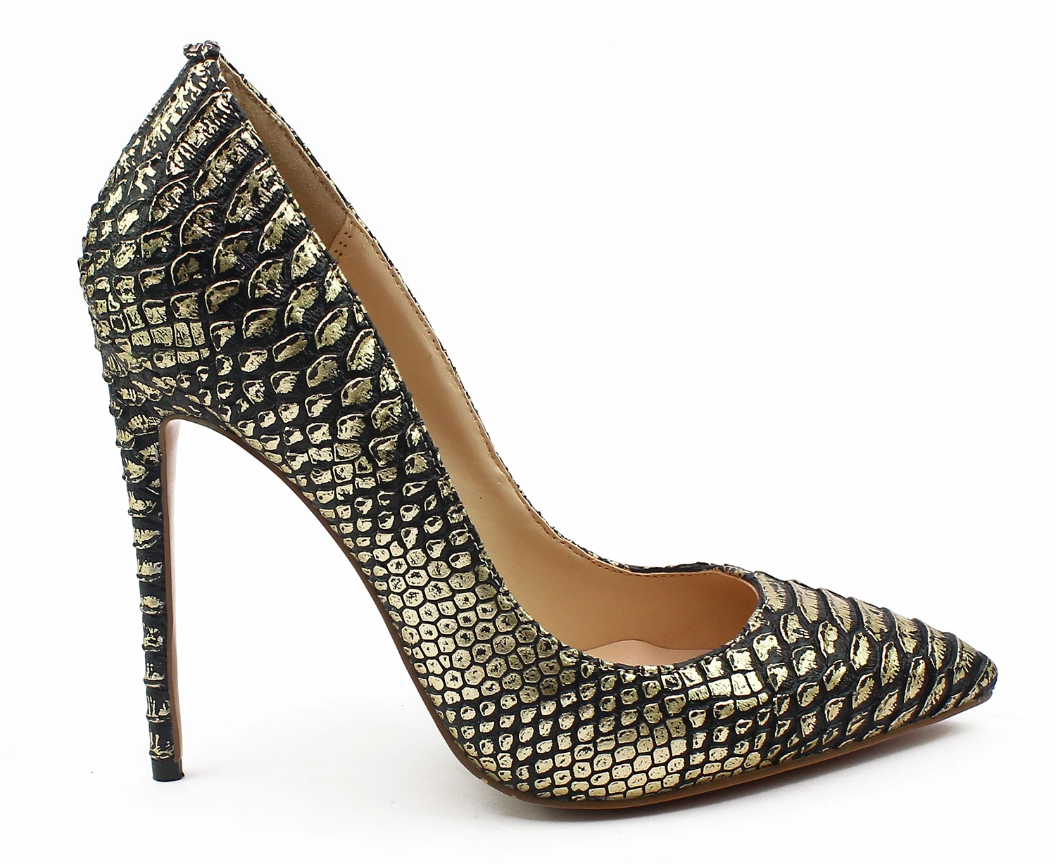 2024 New Product 12cm Snakeskin Embossed Stiletto Gold Pumps For Women