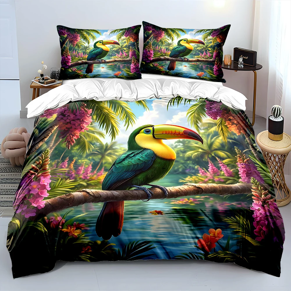 Colorful toucan in tropical scenery Bedding Set for Kids Luxury Gift 3pc Digital Print Comforter Set Soft Comfortable Breathable