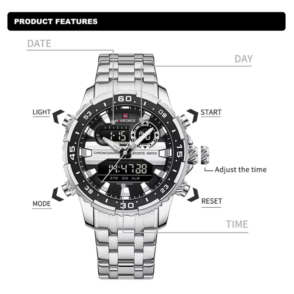 Orologi da uomo NAVIFORCE Orologio da uomo al quarzo digitale analogico con display LCD di marca di tendenza originale 30 m Orologio da polso
