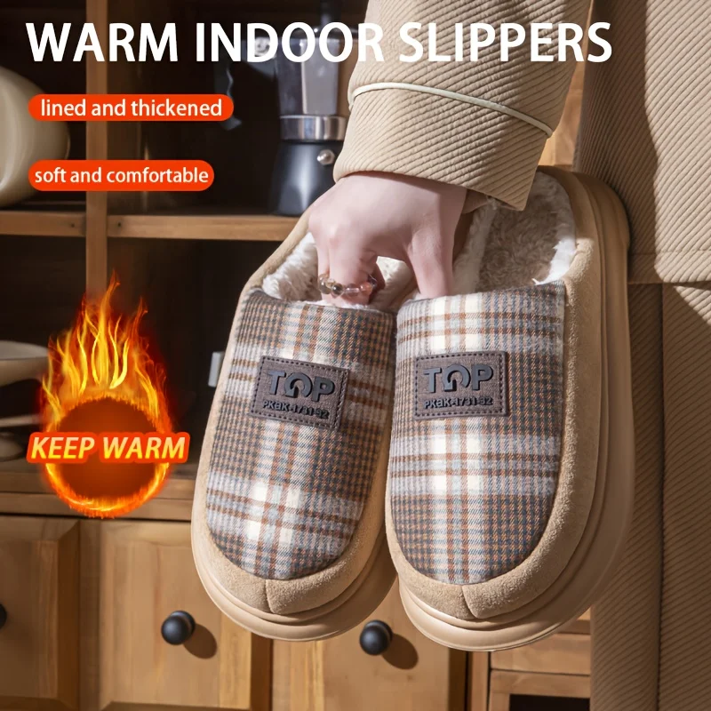Large Size Men women Thermal Slippers Warm Plush Lined Thick Cushion Sole Check Design Cozy Anti Slip Soft Indoor Winter Shoes