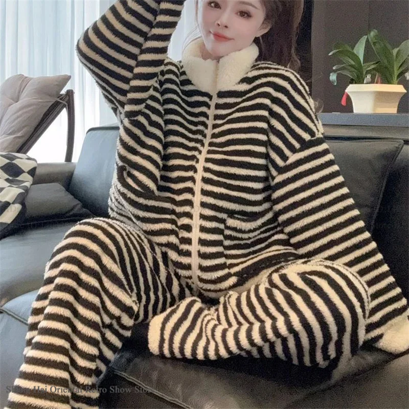 Thicken Flannel Female 2PCS Pajamas Set Loungewear Autumn Winter New Sleepwear Pijamas Suit Loose Stripe Coral Fleece Homewear