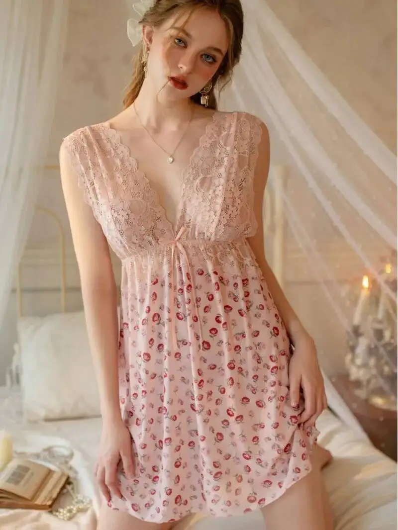 Neue Sexy Blumendruck Spitze Mesh Pure Desire Casual Style Kleid Charmantes elegantes rückenfreies tiefes V-Hosenträger ärmelloses Kleid UO4Y