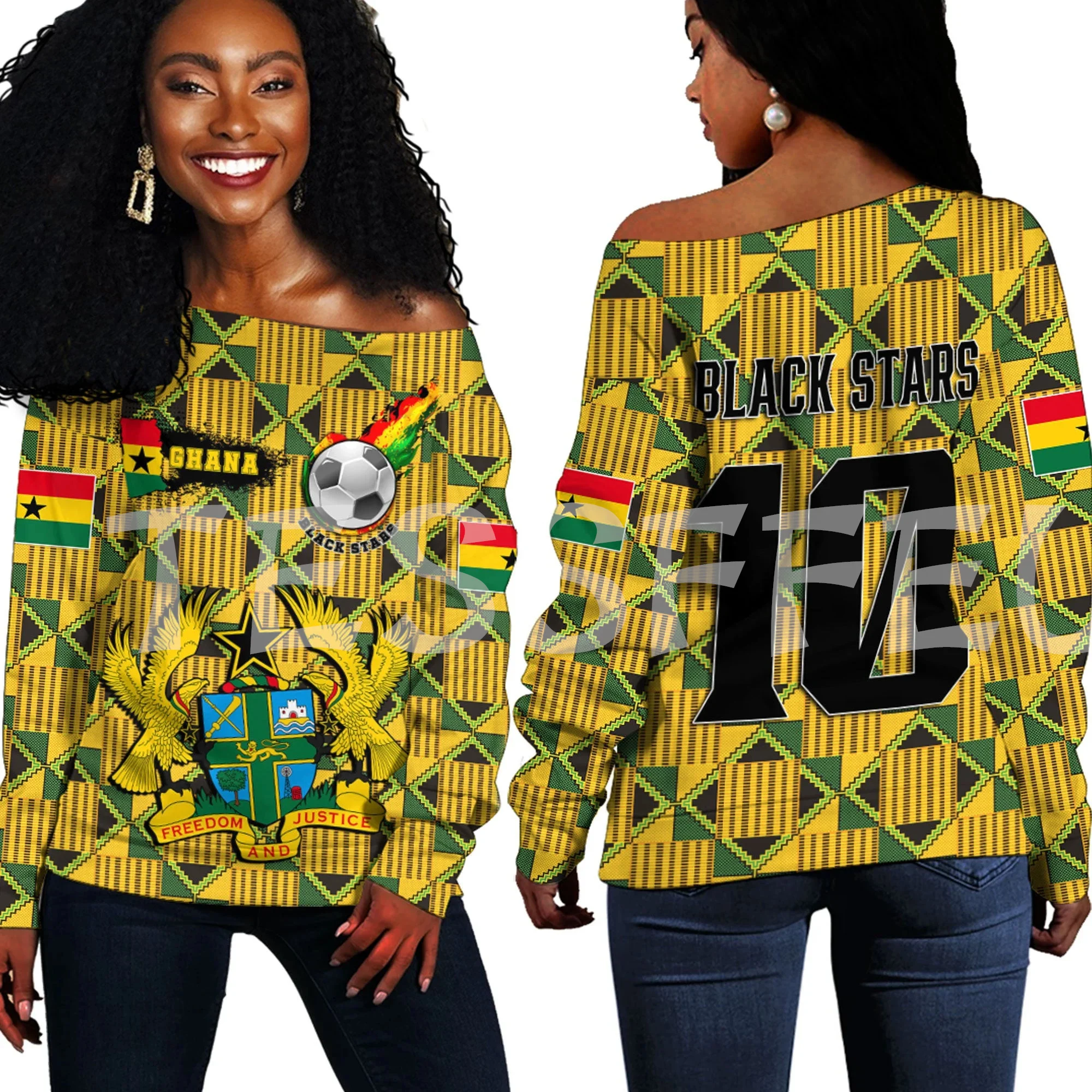 

Africa Country Kente Ghana Flag Tattoo Retro Vintage 3DPrint Harajuku Women Funny Casual Off Shoulder Sweatshirts Long Sleeves V