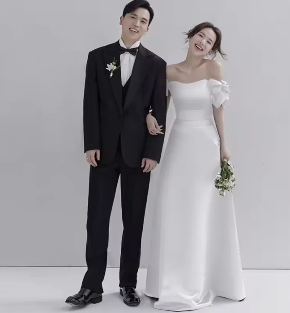 

Off The Shoulder Satin Wedding Dress 2024 New Bridal Dress Black Formal A Line Party Prom Dress Customized