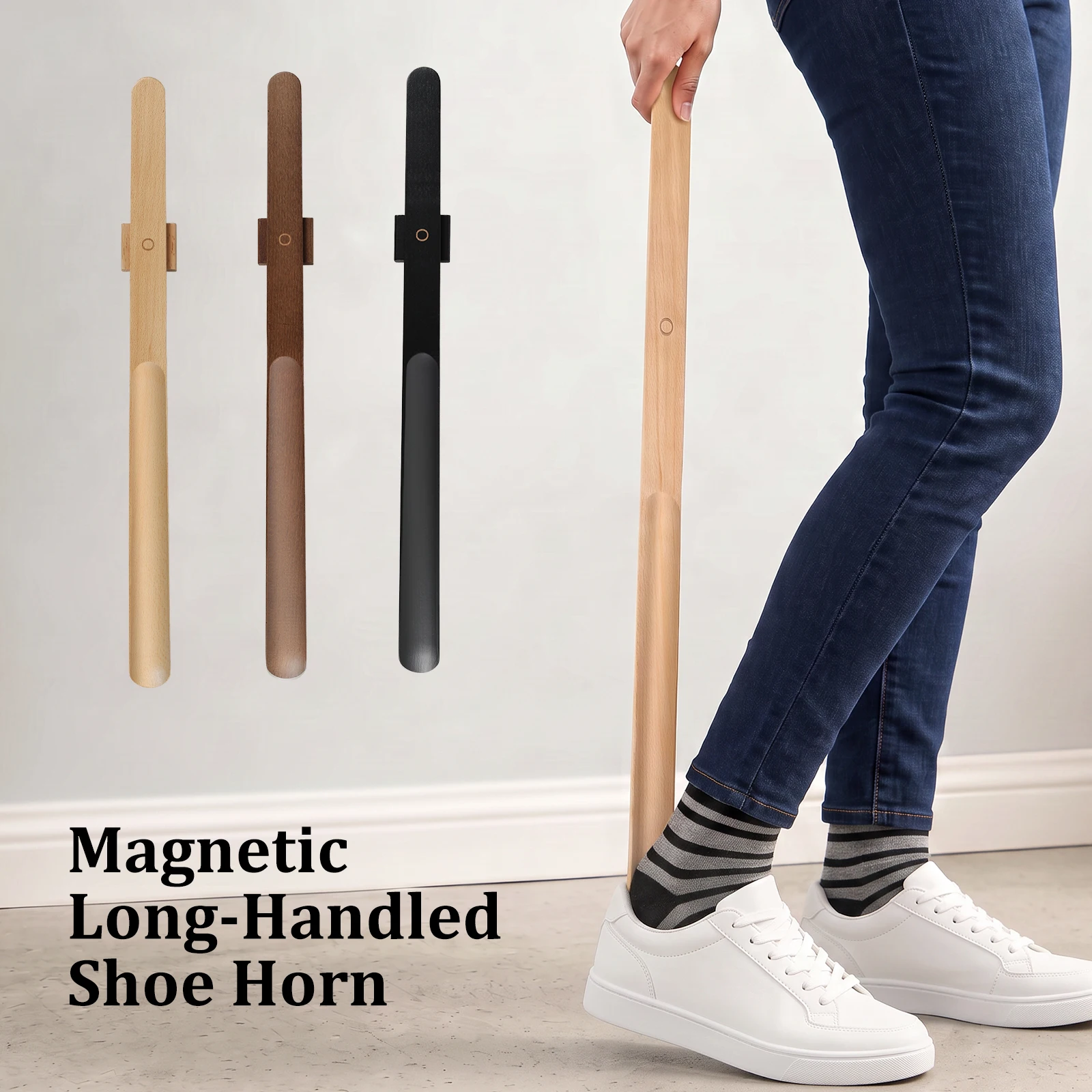 Premium Beech Wood Magnetic Shoe Horn 55cm Long Handle Shoe Horn No Drilling Wall Mount Shoe Horn for Elderly Pregnant Home Use