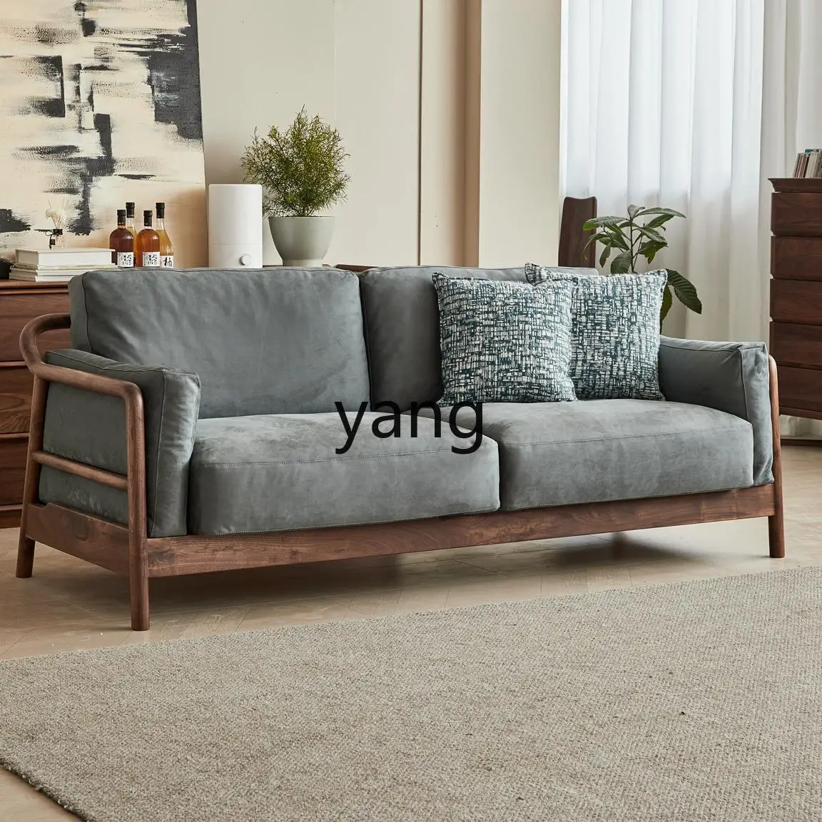 

LMM black walnut sofa fleece fabric solid wood sofa home simple