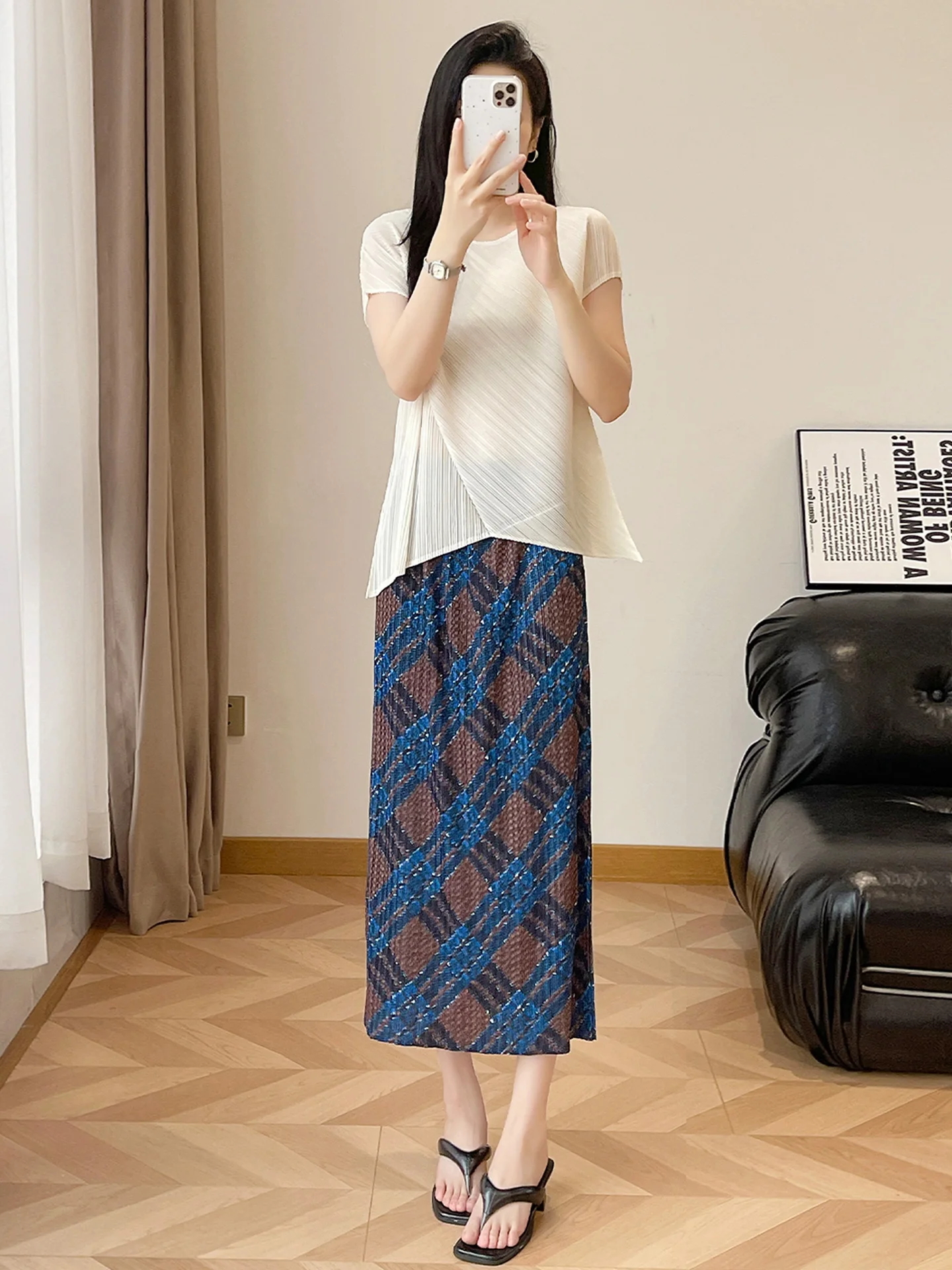 Beautiful Printed Pleated round Neck Women's Skirt Set High Waist Straight Cut Polyester Fiber Elastic High Stretch Summer 2026
