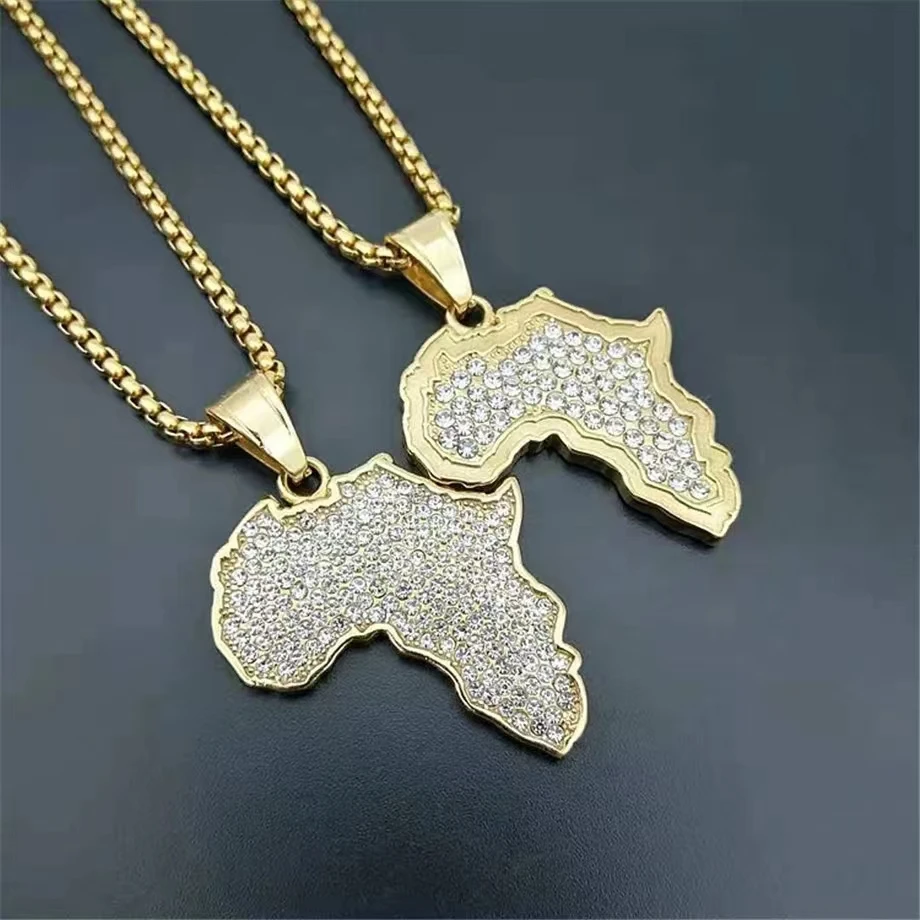 Hip Hop Gold Color Iced Out African Map Pendant Necklaces Women/men Trend Rock Ethiopian Jewelry