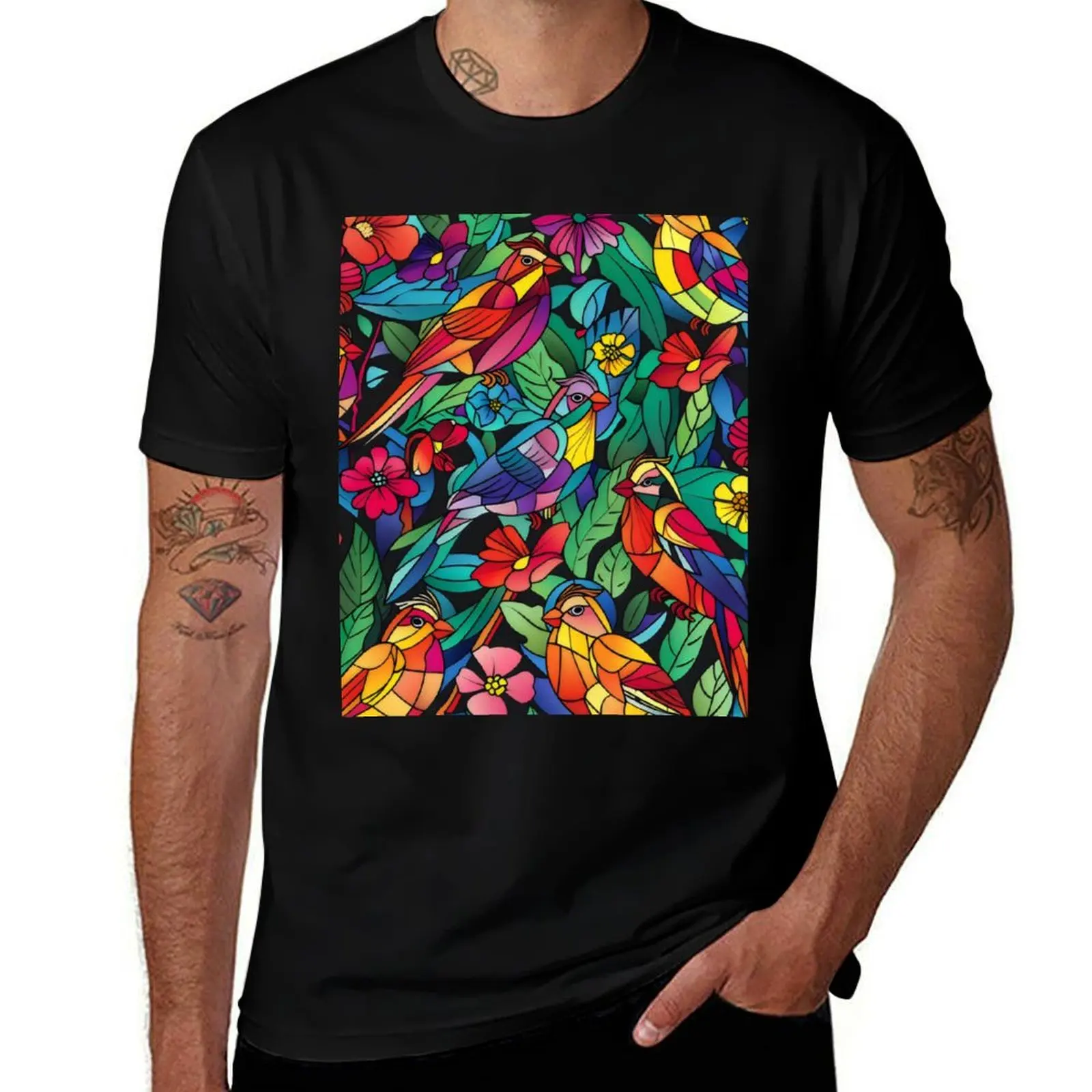Beautiful colourful stain glass exotic birds T-Shirt Casual Light Summer Short Sleeve Top T-Shirt