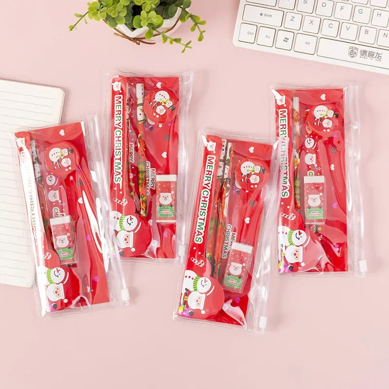 4 Sets Cartoon Santa Claus Snowman Pencil Eraser Ruler Stationery Set for Christmas Theme Party Favors School Gift Pinata Filler