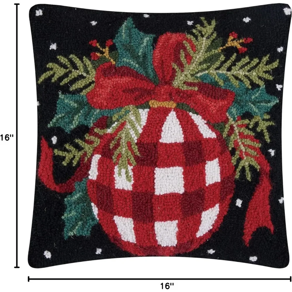 Red Gingham Ball Christmas Polyfill Hook Throw Pillow - 16-Inch Square Seasonal Decoration in Wool and Poly Velvet