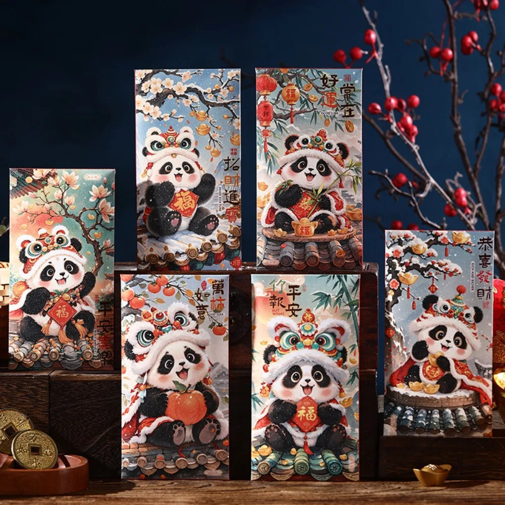 

6pcs Chinese Style New Year Red Envelopes Traditional Hongbao Good Lucky Red Packets Blessing Panda 2025 Snake Year Red Pocket
