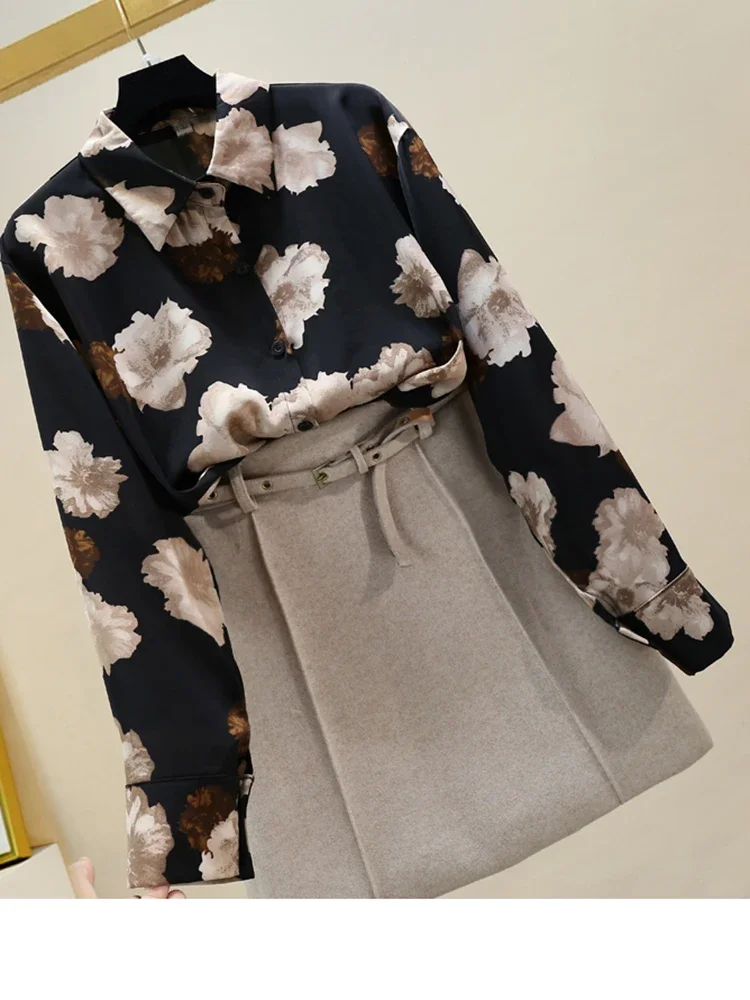 

Женская блузка с отложным воротником, длинным рукавом и принтом