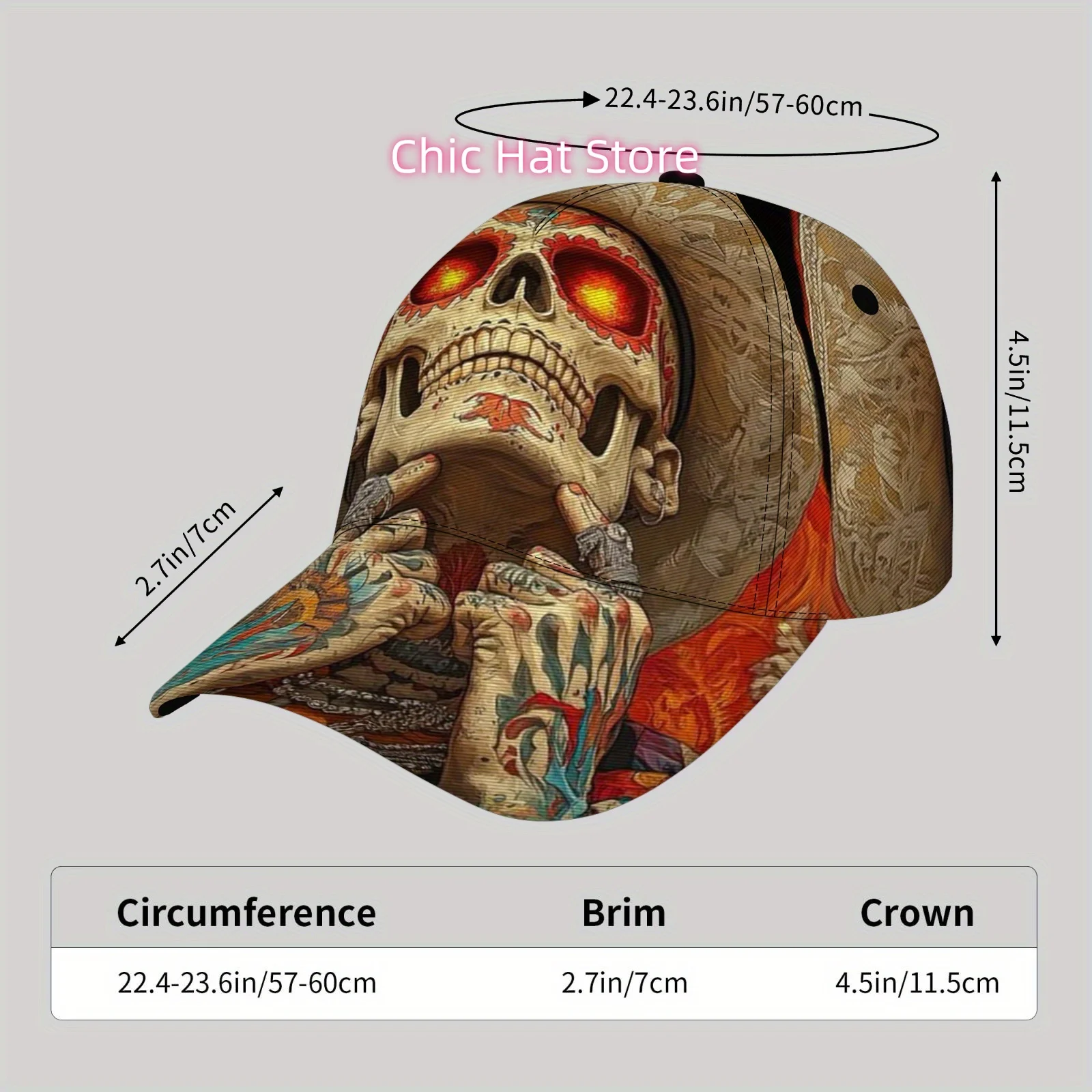 Fashionable and Lightweight Sun Hat, Cool Hip-hop  Cap, Suitable for Beach, Skeleton tattoo pattern of the undead candy