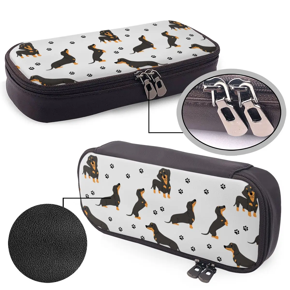 Dachshund Dog Pattern With Dog Paws Leather Pencil Case for Studen School Pen Box Pencil Bag Stationery Supplies Pen Holder Bag