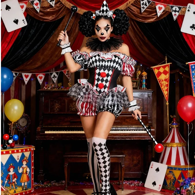 Disfraz de Payaso para Mujer, Disfraz de Circo, Disfraz de Joker Loco, Mono Corto con Hombros Descubiertos, Conjunto de Sombrero y Calcetines, Disfraz para Fiesta de Halloween y Carnaval