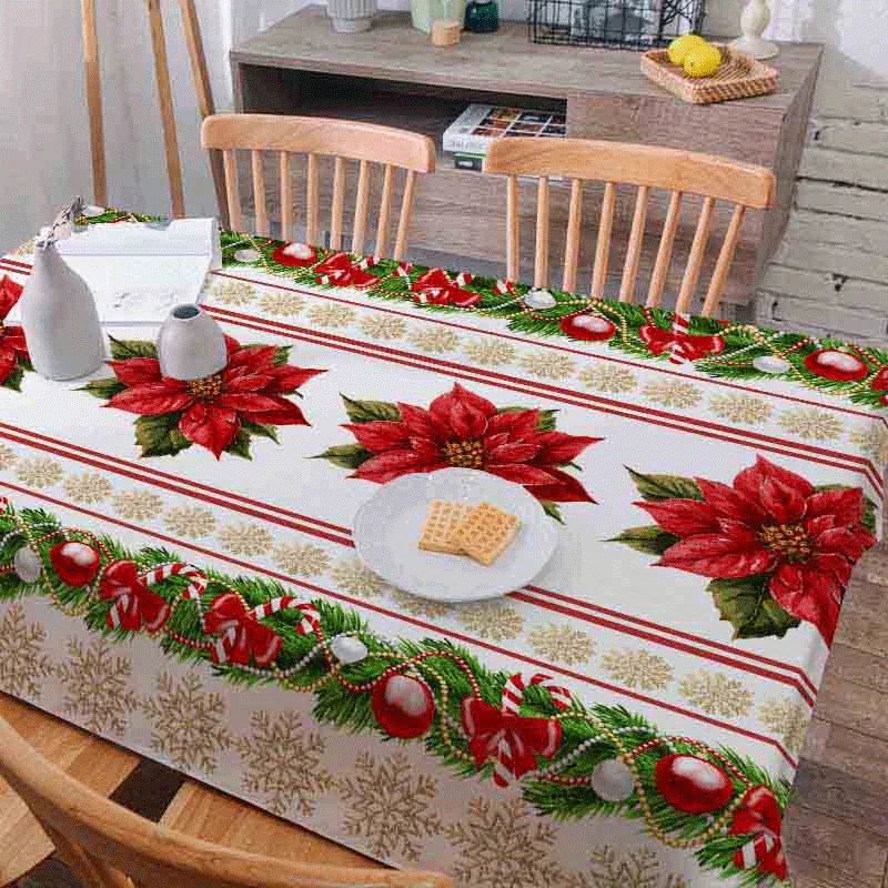 Festive Holiday Tablecloth, Poinsettia Pine Garland Print Waterproof Rectangular Cover for Buffet & Living Room Sideboard Decor
