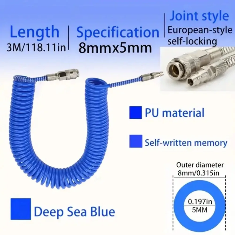 3/6/9/15/20M PU Recoil Air Hose 8×5mm, European Self-Locking Quick Coupler Retractable Coil Pneumatic Tube