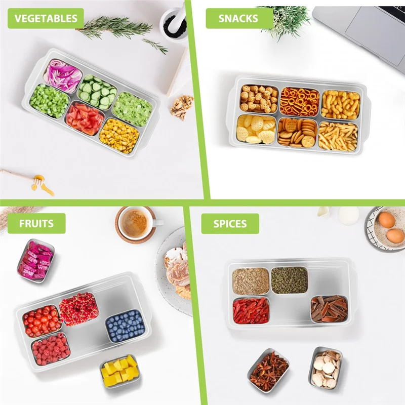 

B23B Stainless Steel 6-Compartment Serving Tray With Lid And Handle Snackle Box Container Perfect For Travel Party