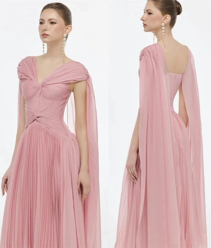 

Customized Delicate Chiffon A-Line Evening Dress High Quality Short Sleeves V-Neck Floor Length Celebrity Gowns Custom Size