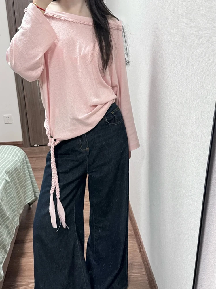 

Свободный и универсальный трикотажный топ с открытыми плечами, женский топ с длинными рукавами из чистого хлопка, новинка весны 2026 года