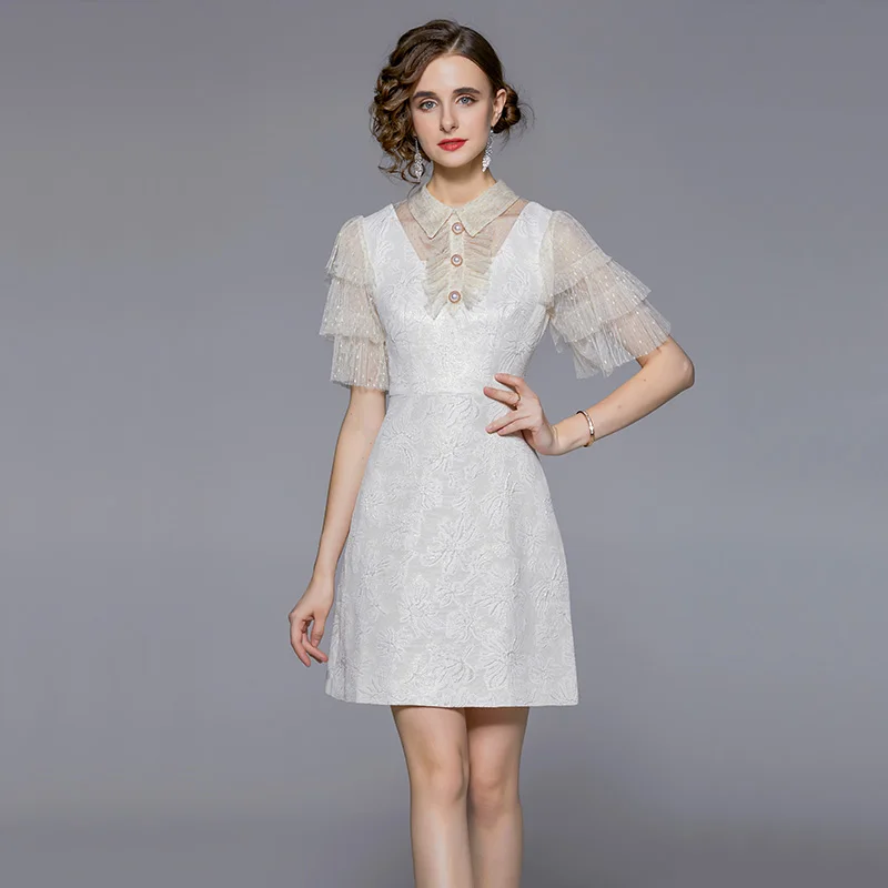 Vintage Summer Jacquard Dress Women Lapel Collar Ruffles Sleeve Patchwork Pearl Button Gold Lining Embroidery Mini Party Dresses