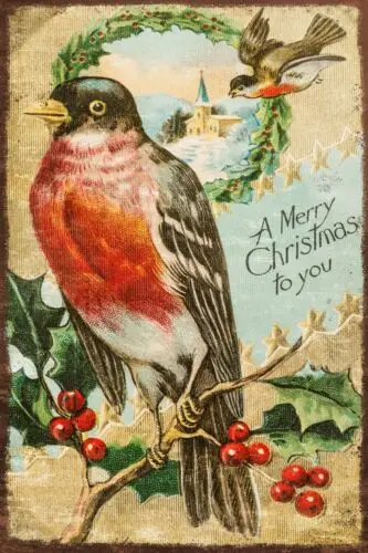 Ilustración de aspecto envejecido de Navidad Vintage Robin (EE. UU.) y acebo en un nuevo letrero de Metal