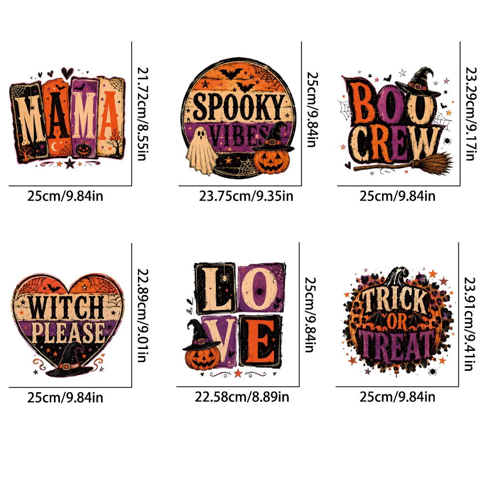 6Pcs American Retro Halloween Letter HTV Iron-on Patches, Colorfast, Wash Resistant, DIY Holiday Decor for Clothes, Bags Pillows