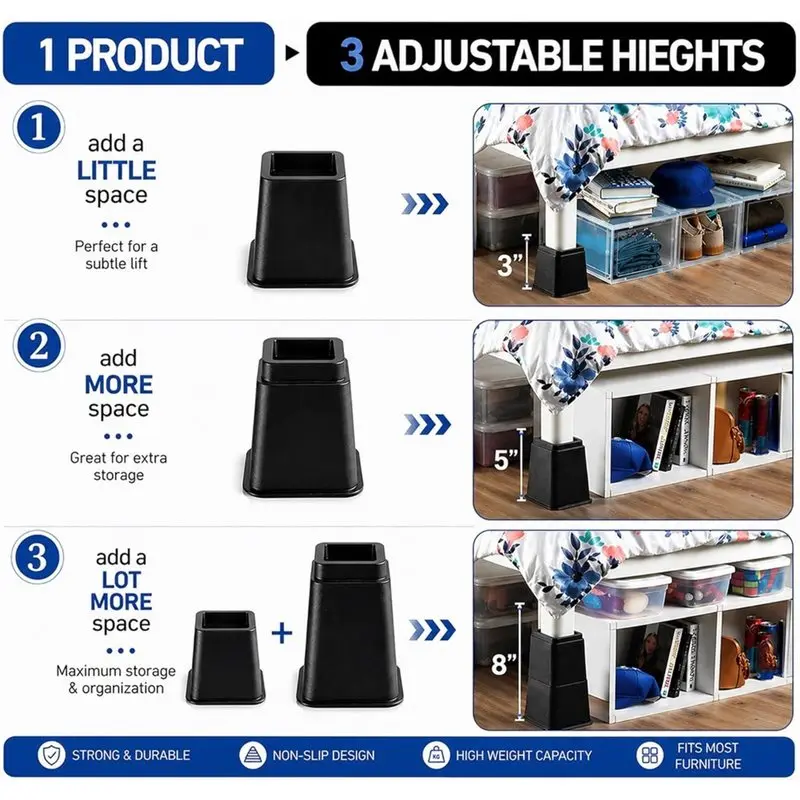 ABZS Adjustable Bed Risers-Heavy Duty 8PCS Stackable Furniture Support In 3.75 8.75 Inch Elevation Capacity 1, 300 Lbs