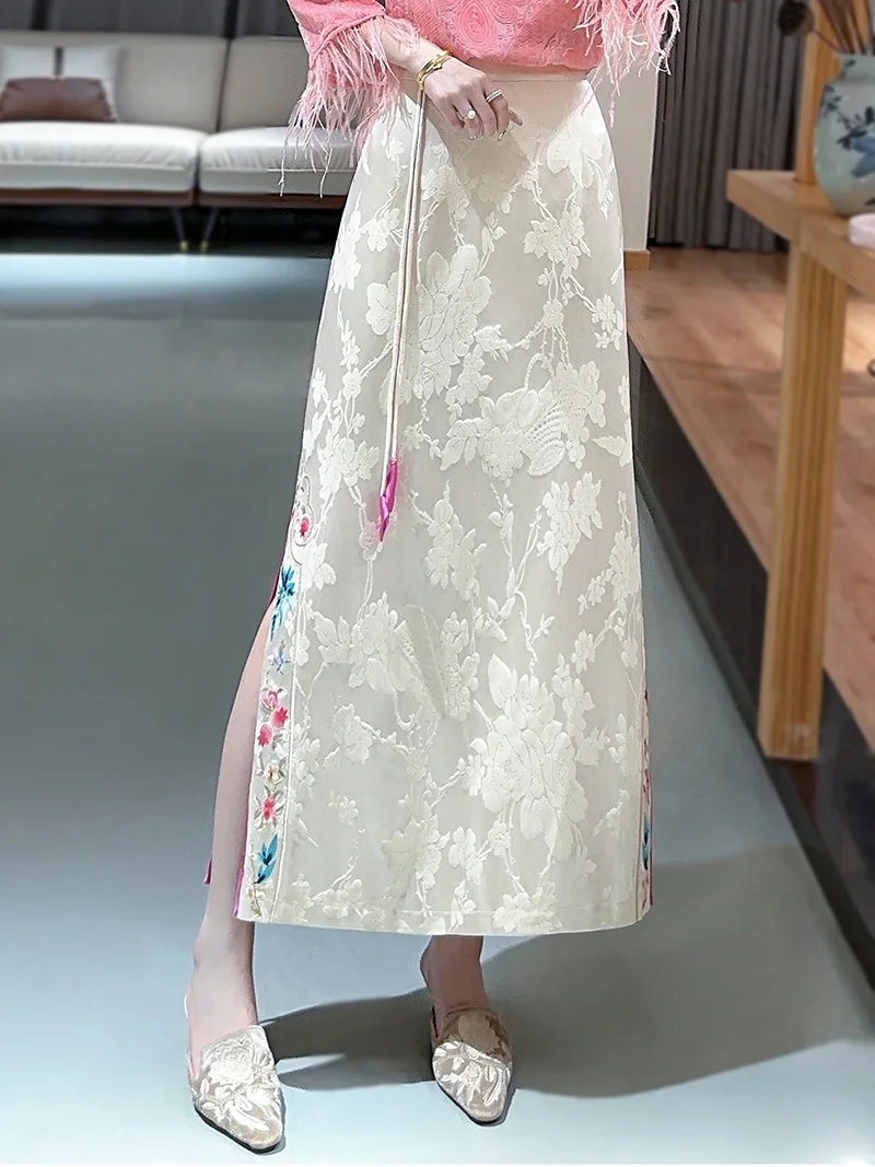 Elegant National Style Hanfu Long A-Line Skirt with Embroidery And Flounce Half-length Women's Skirt Comfortable Soft Polyester
