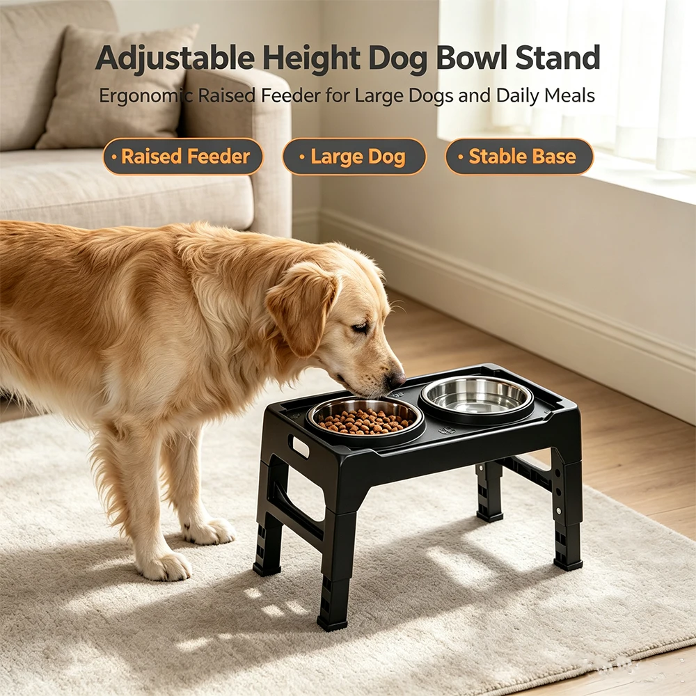 Supporto per ciotola per cani con altezza regolabile, design ergonomico, base antiscivolo, dotato di 2 ciotole in acciaio inossidabile, strumento per l'alimentazione dei cani, adatto sia a cani che a
