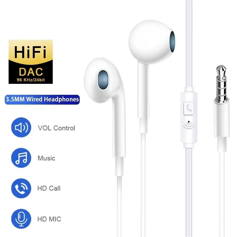 Fones de ouvido universais com conector de 3,5 mm, fones de ouvido com fio e microfone, fones de ouvido estéreo HiFi, fones de ouvido esportivos para música, compatíveis com Xiaomi Redmi Poco.