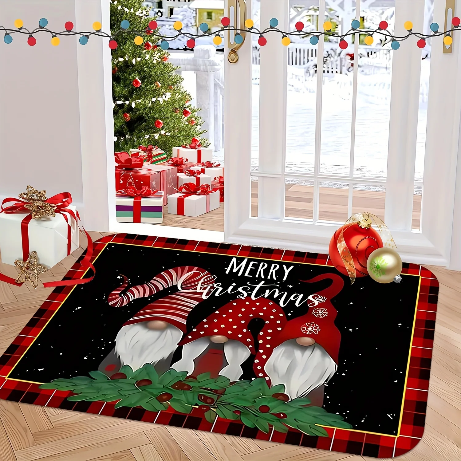 1pc Christmas‑Gnome‑Holly‑Berry Print Welcome Doormat, Washable Indoor Floor Mat for Bathroom, Living Room, Bedroom, Kitchen