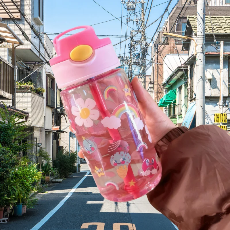 480ML Cute Water Bottle Durable 500ml Portable Water Bottle with Straw and Handle BPA-Free PC Material, Leak-Proof Sealable Lid