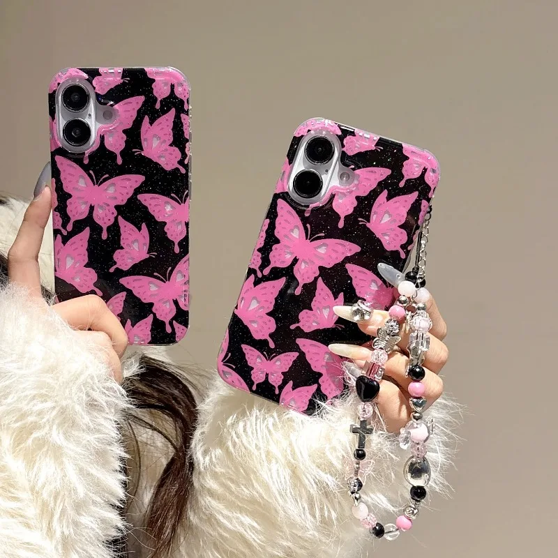 Glitter Pink Butterfly Totem Shiny Girl Phone Case For IPhone 16 15 14 13 Pro Max Case Cute Luxury Cartoon Shockproof Soft Cover