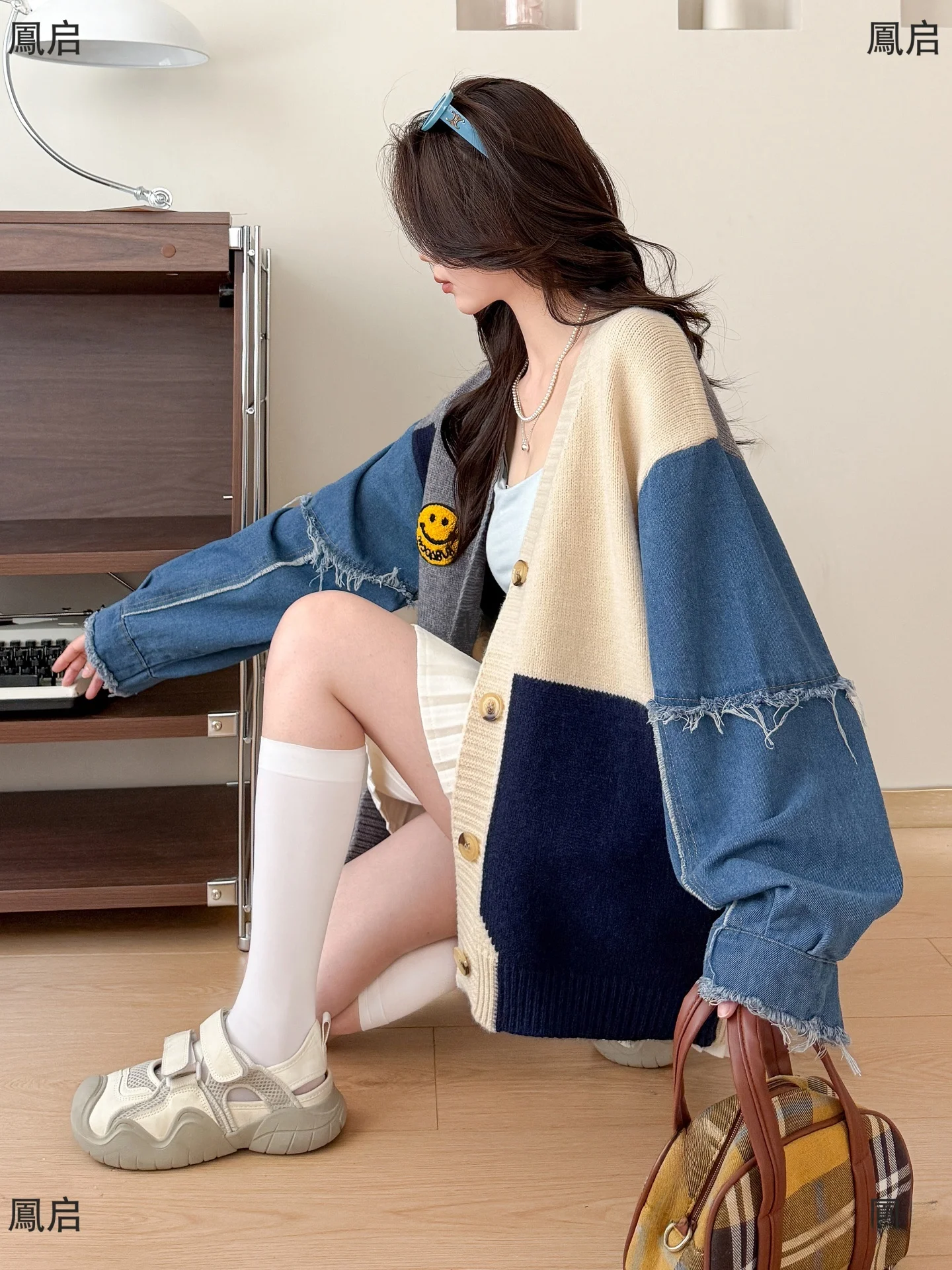 Cardigan tricoté en Denim pour femmes, ample, Patchwork, automne hiver, nouveau Sle v-ne Long, chaud, amincissant, vêtements d'extérieur tendance
