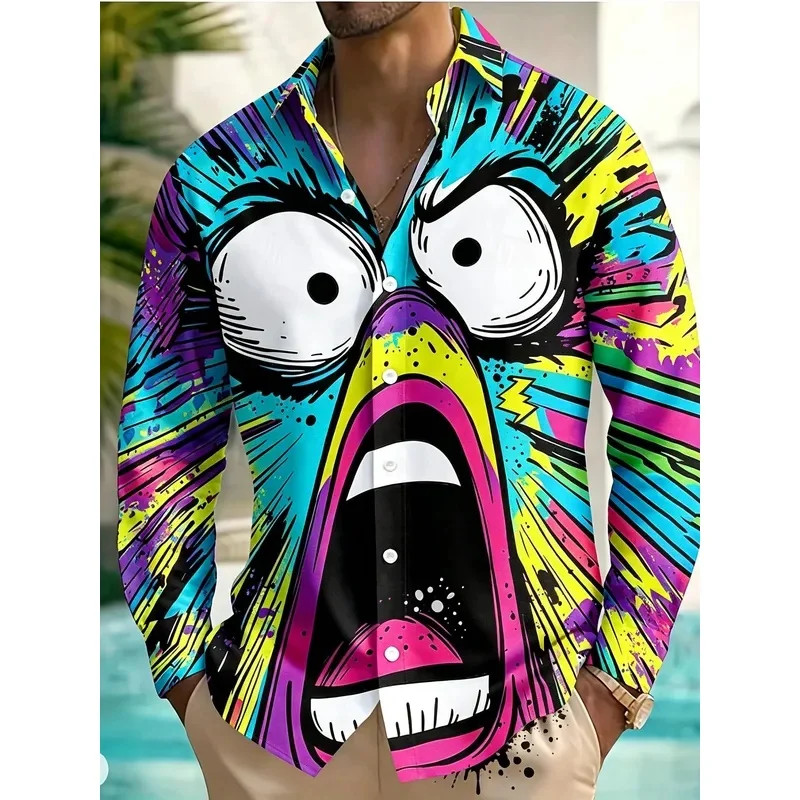 Men's Long Sleeve Shirt Comic Cartoon Face Print  Button‑Down Shirts Loose Top For Party Holiday Street Dating Daily Wear