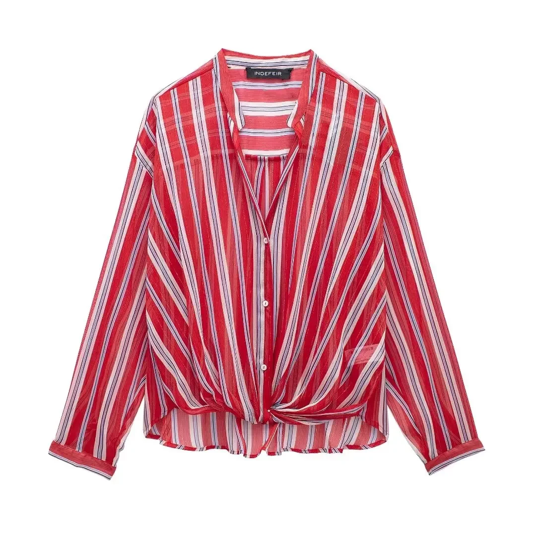 

Women 2024 New Sweet Fashion Decorative stripes are translucent Blouses Vintage Long Sleeve Female Shirts Chic Tops