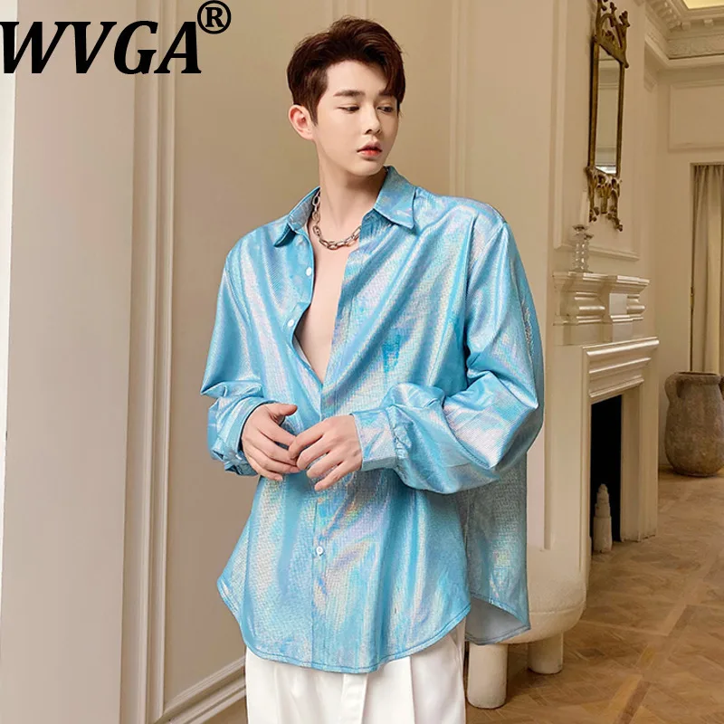 

WVGA весна осень новые мужские красочные глянцевые модные рубашки с длинными рукавами нишевые шикарные повседневные топы с отложным воротником Ins Y2K W16031