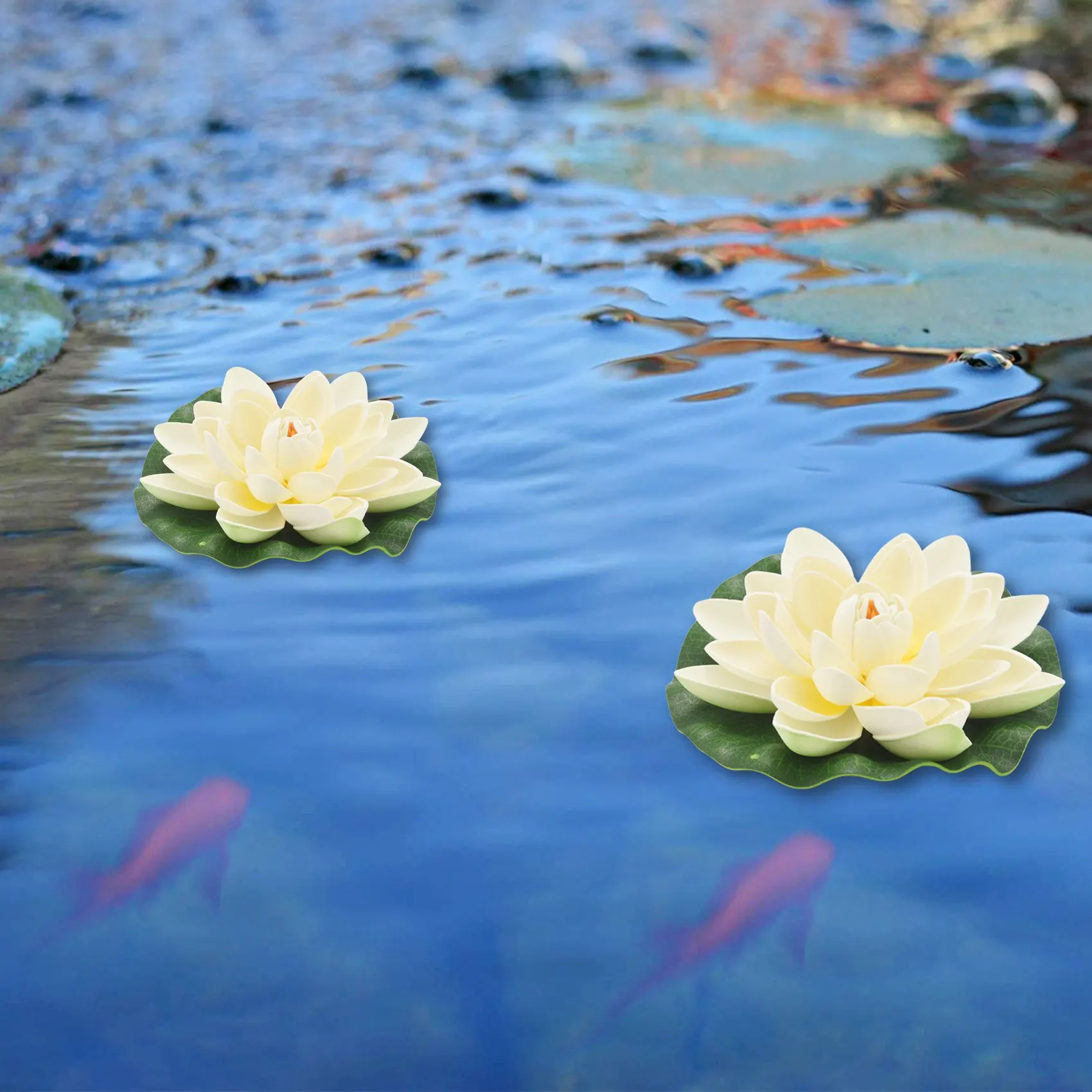 YANA50I Artificial Floating Foam Lotus Flowers,With Water Lily Pad Ornaments,Ivory White,Perfect For Patio Koi Pond Pool Aquariu