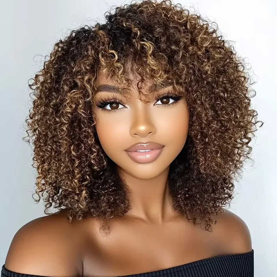 

P4/27 Blonde Highlight Kinky Curly Wig With Bangs 180D Short Bob Wigs Human Hair Full Machine Made Afro Kinky Wig For Women