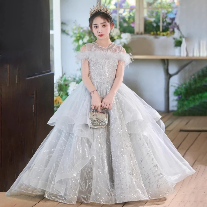 2026 Kids Formal DressGown Host Piano Performance Pageant Costume Children Girls Silver Gray Birthday Party Elegant Princess