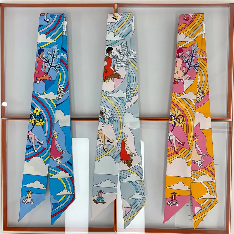 100% Silk High Quality Luxury Brand Scarf Women Headband Hair Band Foulard Tie Ribbon Neckerchief Skinny Scarves Accessories