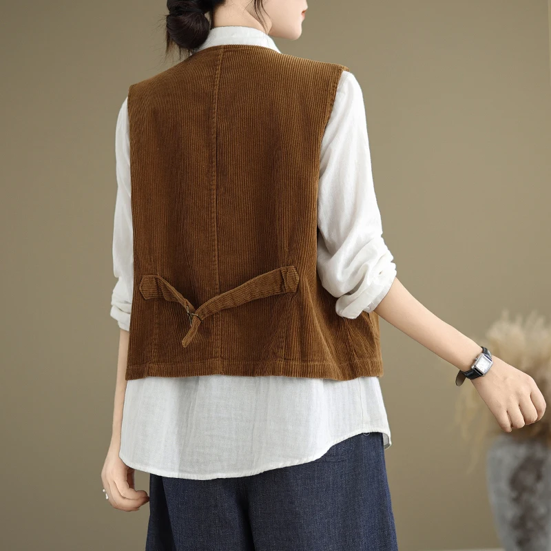 #5129 Vintage Corduroy Vest Women Single Breasted Short Vest Waistcoat Ladies O-Neck Loose Pockets Sleeveless Jacket Autumn 2024