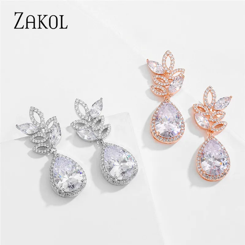 ZAKOL Luxury Water Drop Leaf Cubic Zirconia Bridal Dangle Earrings for Women Temperament Wedding Engagement Jewelry Gift